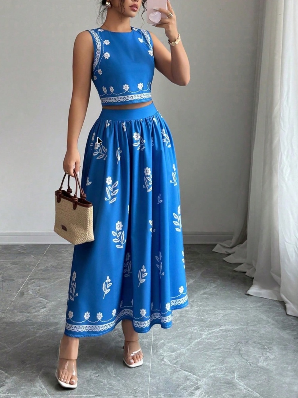 Boho Floral Print Sleeveless Crop Top Maxi Skirt Set - Picture 2 of 7